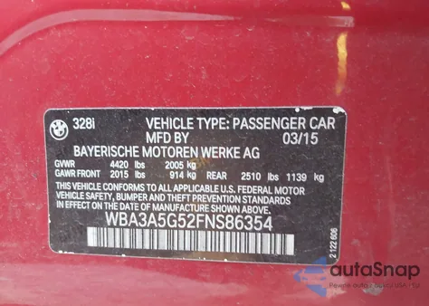 2015 BMW 328I from USA, damaged, VIN WBA3A5G52FNS86354